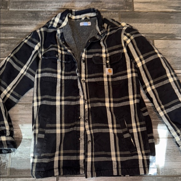 Carhartt Men's Dark Plaid Shirt Jacket vintage Sherpa small button up - Picture 1 of 6